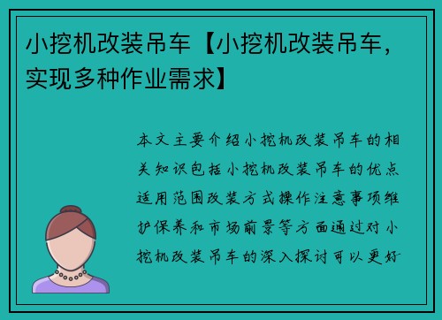 小挖机改装吊车【小挖机改装吊车，实现多种作业需求】