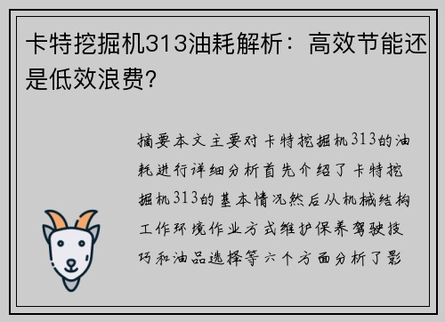 卡特挖掘机313油耗解析：高效节能还是低效浪费？